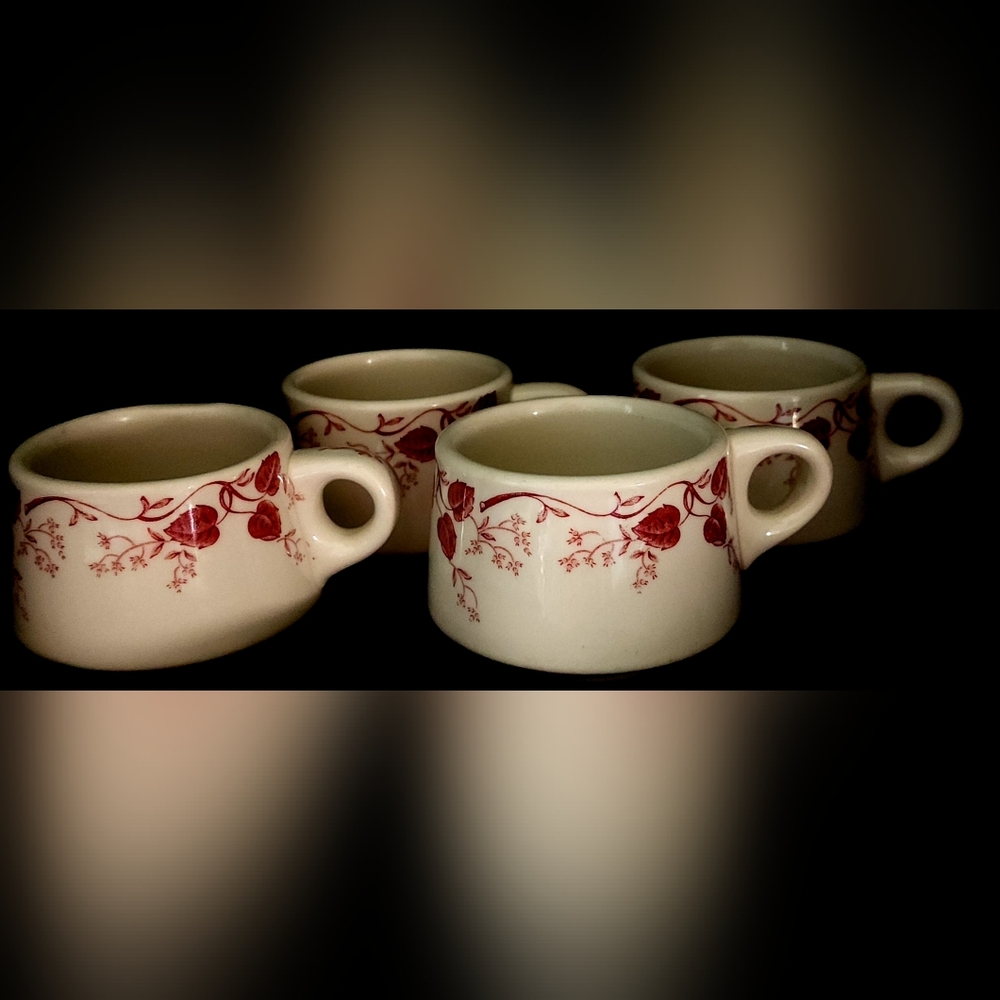 Vtg Mayer China‎ Pembroke Coffee Tea Mugs Set Of 4 Beige And Maroon